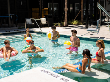 Group of friends enjoying the pool